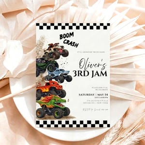 May include: A rectangular party invitation featuring a black and white checkered border. The design includes four monster trucks, the text BOOM CRASH, and event details for Oliver's 3rd Jam on Saturday, May 14, at 576 Oliver's Place, Brooklyn, New York.