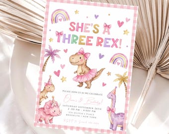 three rex birthday invitation girl dinosaur birthday invite pink dinosaur invitation 3rd birthday girl canva editable template printable
