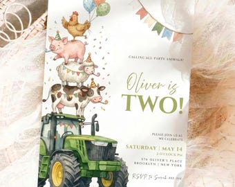 Bauernhof Geburtstagseinladung Vorlage Traktor Geburtstag einladen Barnyard Geburtstagsfeier bearbeitbare Canva Bauernhoftiere Geburtstag einladen