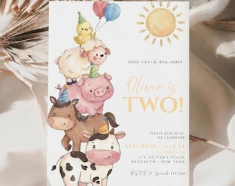 Einladung zum Kindergeburtstag | Barnyard Geburtstagseinladung | Tier-Geburtstags-Party | Bearbeitbare Canva Vorlage | Junge 2 Geburtstag | Bauernhof Tiere