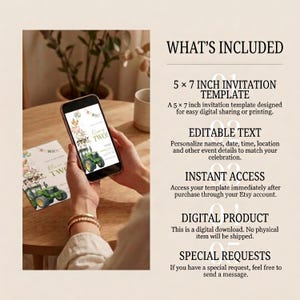 May include: A digital invitation template featuring a green tractor and farm animals with the text Oliver is TWO! displayed on a smartphone screen and a printed card. The text includes WHAT'S INCLUDED, 5 x 7 INCH INVITATION TEMPLATE, EDITABLE TEXT, INSTANT ACCESS, DIGITAL PRODUCT, and SPECIAL REQUESTS.