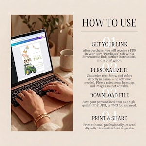 May include: A laptop screen displays a digital invitation template featuring a green tractor and farm animals with the text 'Oliver is TWO!'. To the right, text instructions titled 'HOW TO USE' outline four steps for accessing, personalizing, downloading, and printing the file.