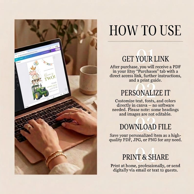May include: A laptop screen displays a digital invitation template featuring a green tractor and farm animals with the text 'Oliver is TWO!'. To the right, text instructions titled 'HOW TO USE' outline four steps for accessing, personalizing, downloading, and printing the file.