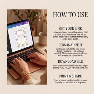 K&ouml;nnte beinhalten: Ein Laptop-Bildschirm mit einem Einladungsdesign zum Thema Dinosaurier. Das Bild enth&auml;lt den Text &bdquo;WIE ZU VERWENDEN&ldquo; und Anweisungen zum Personalisieren und Drucken der Einladung. H&auml;nde sind auf der Tastatur zu sehen.
