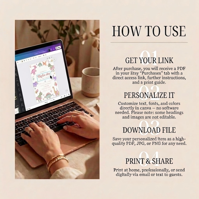 K&ouml;nnte beinhalten: Ein Laptop-Bildschirm mit einem Einladungsdesign zum Thema Dinosaurier. Das Bild enth&auml;lt den Text &bdquo;WIE ZU VERWENDEN&ldquo; und Anweisungen zum Personalisieren und Drucken der Einladung. H&auml;nde sind auf der Tastatur zu sehen.