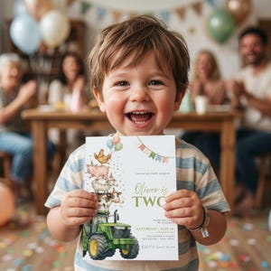 May include: A rectangular birthday invitation card featuring a green tractor topped with a stack of farm animals including a cow, sheep, pig, and chicken with balloons. The text reads: Calling all party animals, Oliver is two, Saturday May 14.