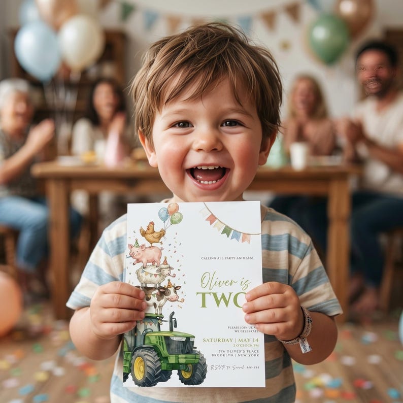 May include: A rectangular birthday invitation card featuring a green tractor topped with a stack of farm animals including a cow, sheep, pig, and chicken with balloons. The text reads: Calling all party animals, Oliver is two, Saturday May 14.