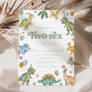 May include: A rectangular birthday invitation card featuring watercolour illustrations of various dinosaurs, balloons, and foliage. The text reads: There's a Two-rex on the loose, Please join us to celebrate, Olivia's 3rd birthday, 11.06.2026, Golden Rose Banquet Hall, 125 Lake View Drive, Chicago, RSVP to Emily.