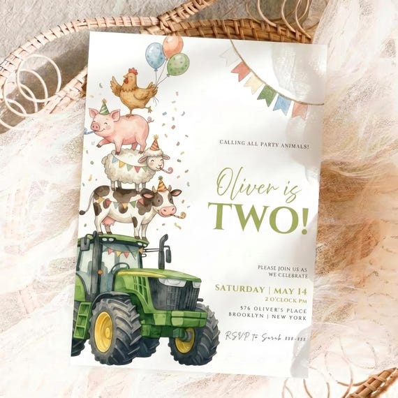 Farm Birthday Invitation Template Tractor Birthday Invite Barnyard Birthday Party Editable Canva Farm Animals Birthday Invite