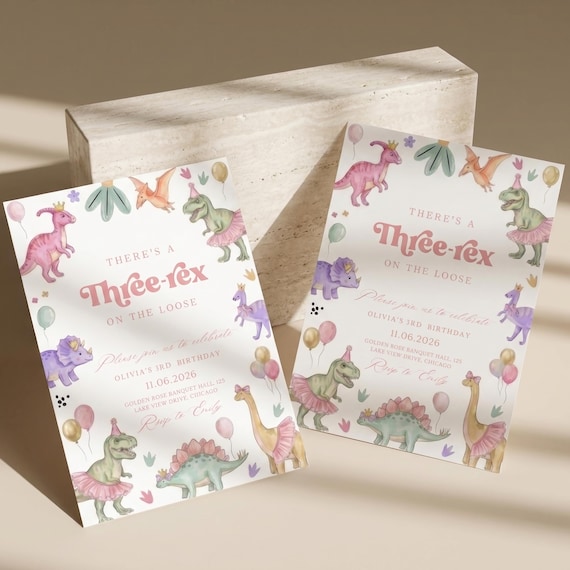Three Rex Birthday Invitation Girl Editable Dinosaur Birthday Invite 3rd Birthday Girl Pink Pastel Dino Party Invitation Instant Download