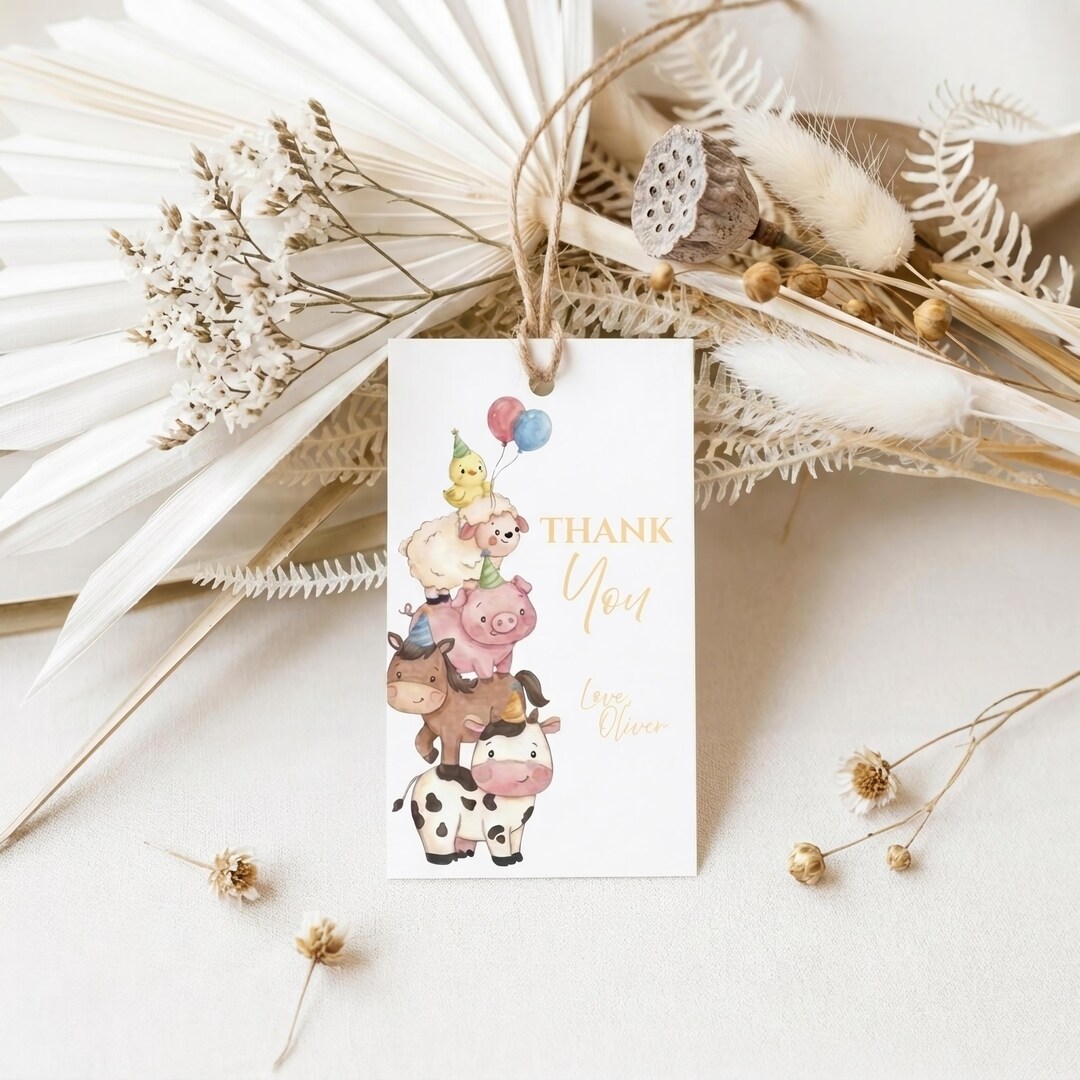 Farm Birthday Thank You Tag Template Canva Editable Farm Animals Thank ...
