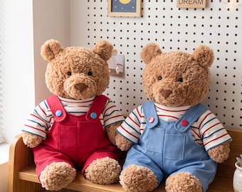 Handmade Bartholomew Bear Clothes 2 Piece Set, Plush Teddy Bear Outfit, Striped T Shirt And Overalls Suit, Cute Doll Clothing, Build-A-Bear