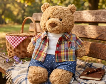 Handmade 3 Piece Plaid Shirt Outfit Fits Bartholomew Bear, Flannel Tee And Star Shorts Set, Plush Build-A-Bear Clothes