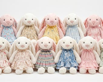 Handmade Ruffle Dress and Bow Two Piece Set for Plush Bunny, 11 Styles Available , Cute Pink Floral Doll Outfit , Clothes for Bunny
