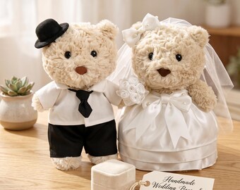 Bartholomew Bear Junior | 16 - 18 cm Wedding Outfit, Teddy Bear Bride Dress Veil, Groom Suit Tie Hat Set, Miniature Plush Marriage Gift