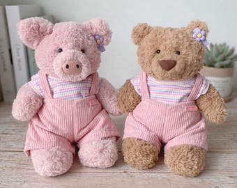 NEW ARRIVAL Handmade Outfit Set Tank Top Overalls Hair Clip | Jellycat Pig & Bear  or Build A Bear Outfit |  Teddy Bear Clothing Gift