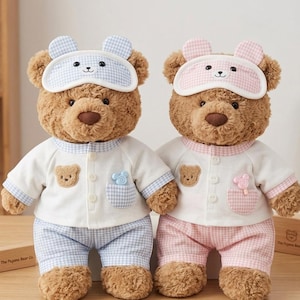 Handmade Pajama Set with Sleep Mask For Bartholomew Bear , Build A Bear Clothes, Gingham Bear Outfit, Gift for Plush Lovers
