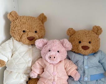 Handmade Teddy Bear Cotton Padded Winter Outfit Set, Plush Quilted Clothes for Stuffed Animals, Fits Bartholomew Bear & Pig, Cozy Jacket Set