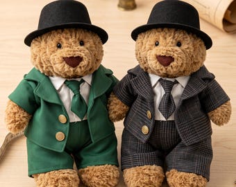 Handmade Gentleman Outfit for 11 inch - 28 cm Bartholomew Bear | Gray Plaid and Green Suit with Top Hat and Tie | Plush Toy Clothes Only