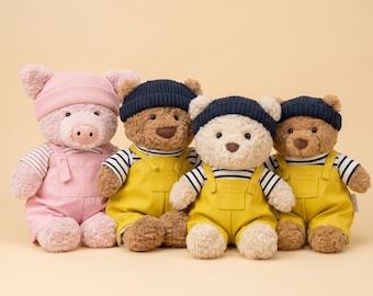 Handmade 3pc Sailor Outfit for Bartholomew Bear, Yellow OR Pink Overalls TShirt Bonnet Set, Plushie Clothes,Stuffed Animal Clothing Dress Up