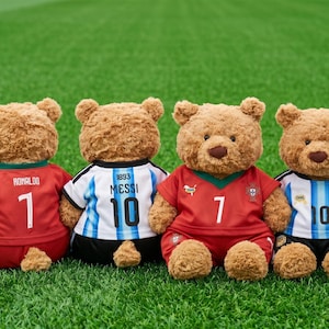 May include: Four brown plush teddy bears wearing soccer jerseys. Two bears wear red jerseys with the number 7, one labeled Ronaldo. Two bears wear white and light blue striped jerseys with the number 10, one labeled Messi and one with an Argentina crest.