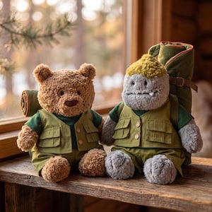 May include: A brown plush bear and a grey plush creature, both wearing olive green vests with pockets and matching shorts. Each figure has a rolled-up sleeping bag strapped to its back. The bear has a dark nose, while the grey creature has a yellow textured top and a single visible white tooth.