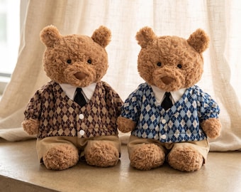 Bartholomew Bear Clothes Argyle Cardigan Set Plush Teddy Bear Outfit Preppy 4 Piece Suit Trousers Shirt And Tie Academic Style Doll Clothing