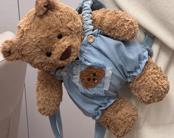 Handmade Denim Overalls with Backpack For Bartholomew Bear , Pig, Build-A-Bear , Plush Outfit Set for Stuffed Animals, Cute Bear Clothes