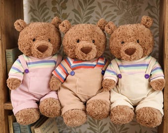 Handmade Overalls for Bartholomew Bear & Build a Bear Clothes, Rainbow Striped Shirt and Corduroy Jumpsuit Set, Plush Doll Clothes Outfit
