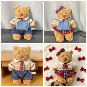 May include: Four images of plush teddy bears in various outfits. One bear has a denim backpack and blue shorts. Another wears a denim jumper and plaid skirt. The other two bears wear sweaters and shorts, one with a plaid tie.