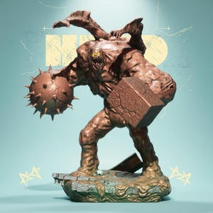 May include: A brown, muscular monster statue with a spiky ball in one hand and a block in the other. The monster has yellow eyes and is standing on a stone base. The background is a light blue with yellow text.