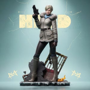 May include: A detailed figurine of a woman in a winter coat, holding a gun. The figure is wearing a light gray coat with a fur collar, black pants, and tall boots. The base features a broken structure and a small flame.