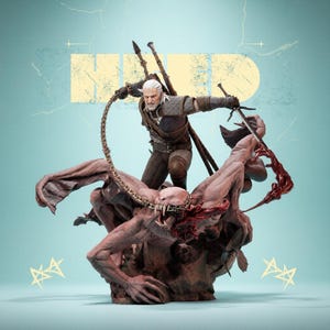 May include: A detailed statue of a warrior battling a monster. The warrior, with white hair and a sword, is positioned above a large, grotesque creature. The statue is set against a light blue background with the word "HD" in a yellow rectangle.