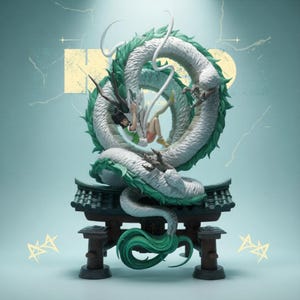 Op de afbeelding: Gedetailleerd beeldje van een witte draak met groene accenten, opgerold rond een traditionele Japanse structuur. Een figuur hangt in de windingen van de draak. De achtergrond is lichtblauwgroen met gele tekst en stergraphics.