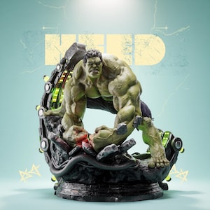 May include: A detailed figurine of the Hulk in a dynamic pose, with a green muscular physique and black pants. The figure is set on a detailed base with glowing green accents and the word "NERD" in the background.
