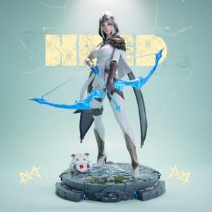 Puede incluir: Una figura blanca y marrón de una arquera con un arco y flechas azules, de pie sobre una base de piedra. La figura lleva un atuendo blanco con capucha y capa. Una pequeña criatura blanca con un emblema en forma de corazón está a sus pies.