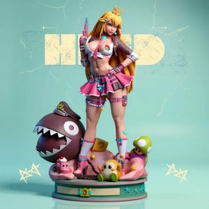 Peut inclure: Figurine détaillée d'un personnage de la série de jeux vidéo Super Mario. La figurine porte une tenue rose et marron, tient une arme rose et bleue et se tient sur une base avec d'autres personnages. L'arrière-plan est de couleur vert d'eau.