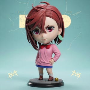 May include: A figurine of a female anime character with red hair, wearing a pink long-sleeve shirt, blue skirt, and brown boots. The figure has red eyes and a red bow tie. The base is gray with a gold ball.