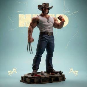 May include: A detailed statue of a muscular figure in a cowboy hat, white tank top, and blue jeans, holding claws. The figure is standing on a wooden base with pool balls and a cigar. The background is a light blue with a yellow graphic.