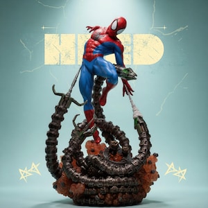 May include: A detailed figurine of Spider-Man in a dynamic pose, clad in his iconic red and blue suit. The figure is mounted on a base with mechanical tentacles, with the word "HIND" in the background. The overall color scheme is red, blue, and brown.