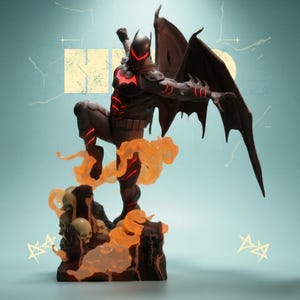 May include: A black Batman figurine with red accents, wings, and a dynamic pose. The figure stands on a base with skulls and orange smoke effects. The overall design is detailed and stylized, with a superhero theme.