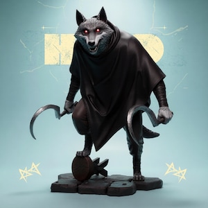 May include: A detailed figurine of a wolf-like character with glowing red eyes, wearing a black cloak and holding two curved scythes. The figure is posed on a stone base with a wooden object, set against a light blue background with yellow accents.