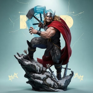 May include: A detailed statue of Thor, the Marvel Comics superhero, in a dynamic pose. He wears a silver helmet, black armor, and a red cape. Thor holds his hammer and a blue energy shield, standing on a rocky base with snow and arrows.