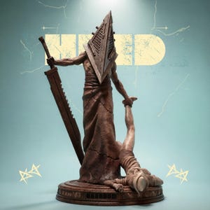 May include: A brown statue of a figure with a pyramid-shaped head, holding a large sword and a smaller figure. The statue is on a round base, with the word "HID" in the background. The overall theme is horror.