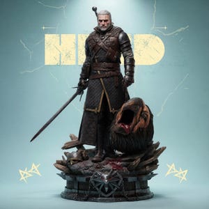May include: A detailed statue of a man with white hair, clad in dark armor and holding a sword. The statue stands on a base with a monster head and the Witcher symbol. The background is a light blue with a yellow rectangle and the word "HIND".