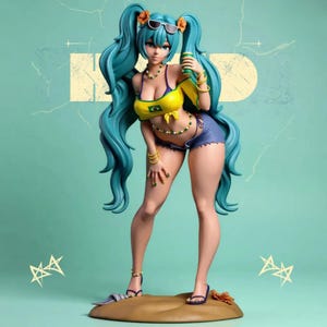 May include: A figurine of a woman with long, turquoise hair, wearing a yellow and blue bikini with the Brazilian flag, denim shorts, and sunglasses. She is holding a green can and standing on a sandy surface.