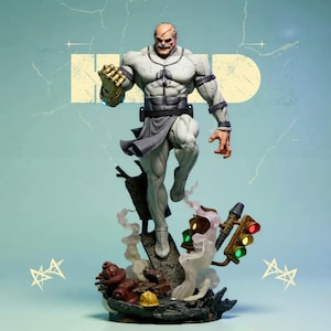 May include: A detailed figurine of a muscular character in a white and grey outfit, with a gold gauntlet. The figure is posed dynamically, standing on a base with a fire hydrant, traffic lights, and smoke effects. The background is a light blue.