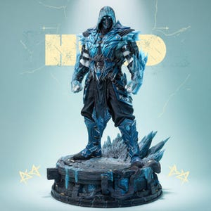 Puede incluir: Estatua detallada de un personaje con armadura azul y negra con capucha. La figura se alza sobre una base detallada con formaciones de hielo. La armadura del personaje tiene detalles helados y el diseño general es muy detallado.