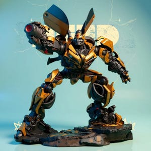 May include: A detailed figurine of the Transformers character Bumblebee. The figure is predominantly yellow and black, with blue accents. It is posed dynamically on a rocky base, with a weapon extended. The background is a light blue with a faded design.