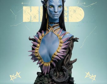 Busto di cacciatrice aliena blu, file STL, guerriero tribale fantasy, stampa 3D in resina, busto da collezione